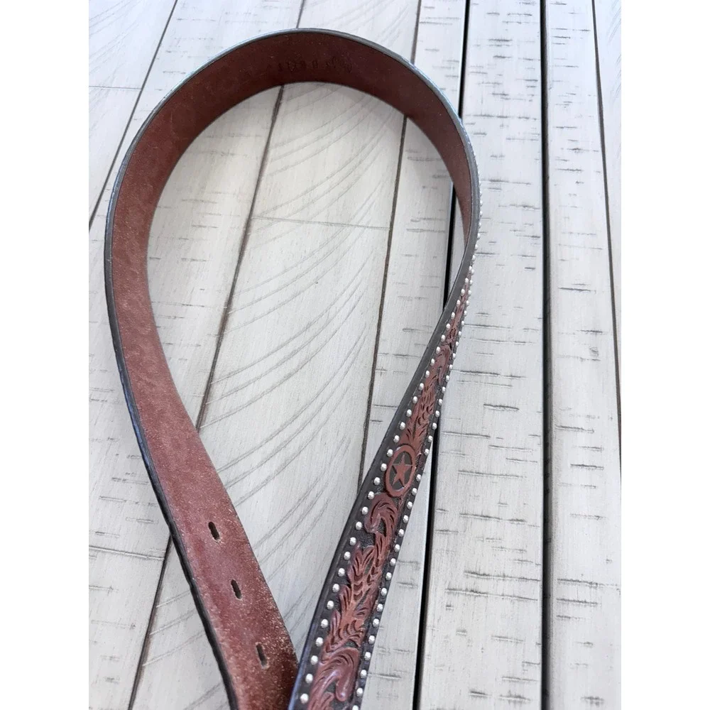 V- 037- 3-D Belt Co Mens Brown Hand Tooled Leather Western Star Studded Belt 36